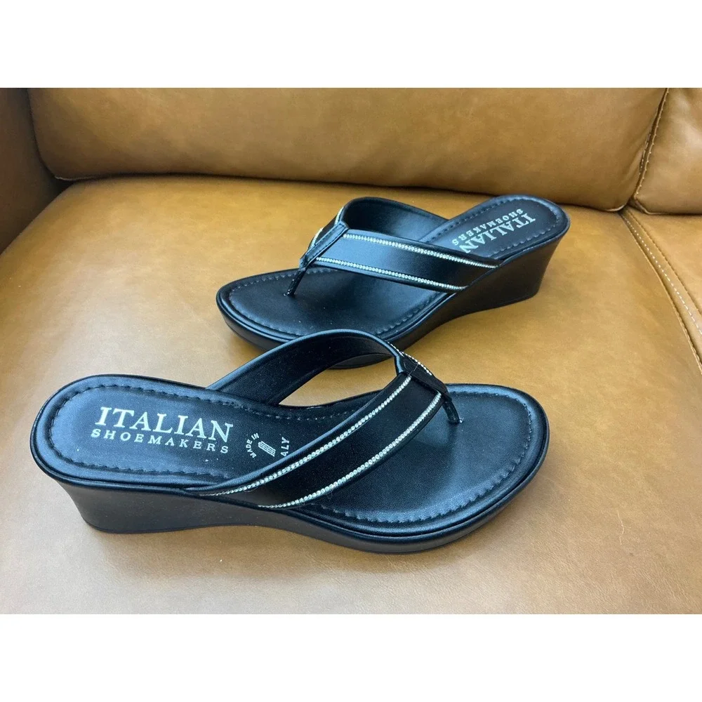 Italian Shoemakers Dorya Wedge Sandals Womens 7 Black Rhinestone Trim